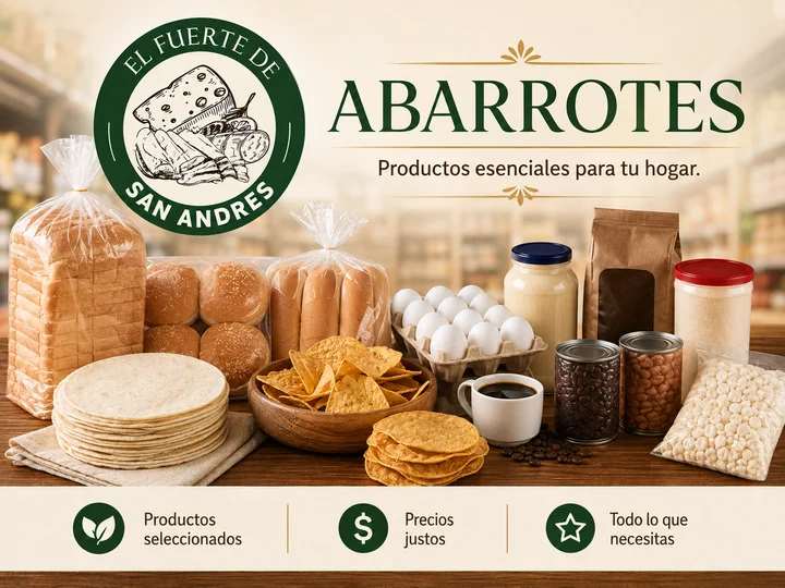 Abarrotes de El Fuerte de San Andrés: pan de caja, bollos, tortillas, tostadas, totopos, huevo, mayonesa, café y frijoles