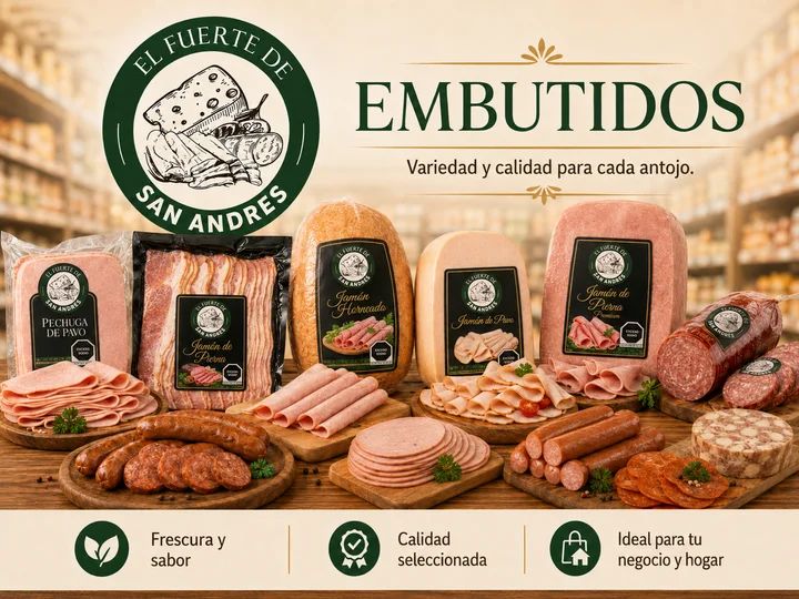 Embutidos y carnes frías de El Fuerte de San Andrés: jamón de pierna, jamón horneado, pechuga de pavo, tocino, salchicha, chorizo y salami