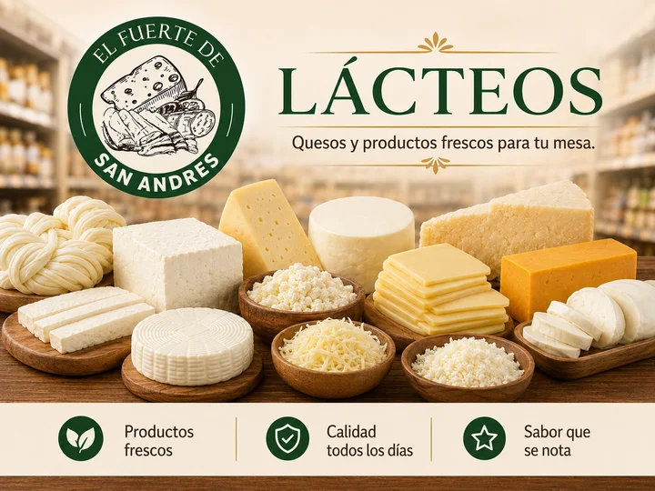 Variedad de quesos de El Fuerte de San Andrés: Oaxaca, panela, manchego, mozzarella, cotija y canasto